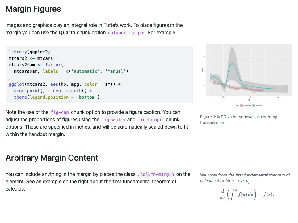 Screenshot of two sections of post: Margin Figures, which has a plot in the margin; and Arbitrary Margin Content, which has text with a LaTeX equation in the margin.