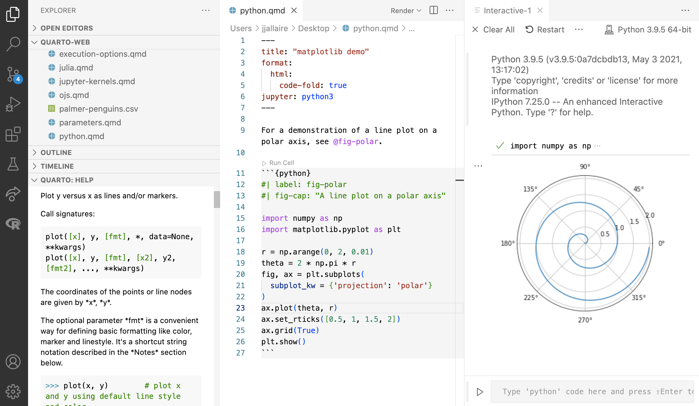 Screen shot of VS Code editor with three vertical sections. The leftmost includes the file explorer, and quarto help. The second pane is the source code for a quarto file with python code. The third is interactive with Python running and output of the code cells shown.