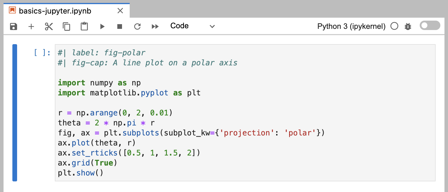 A snippet of a JupyterLab document containing a code cell. At the top of cell, before the code, are the Quarto chunk options '#| label: fig-polar' and '#| fig-cap: A line plot on a polar axis.'