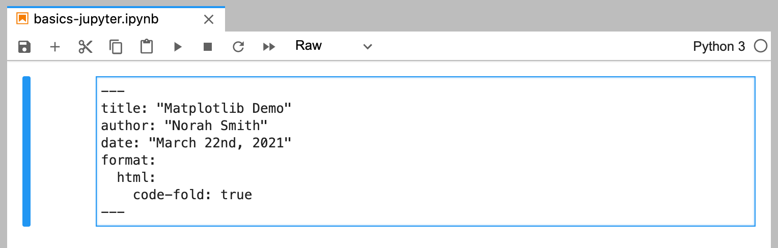 The top section of a JupyterLab document. There is a Raw cell containing yaml front matter.