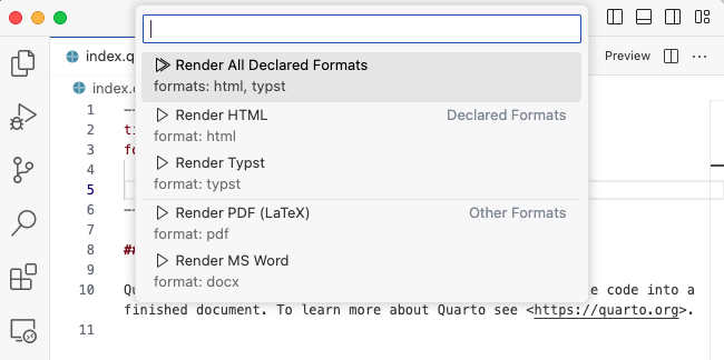 The top of the Visual Studio code editor. The command pallette shows a quick pick list of available formats to render.