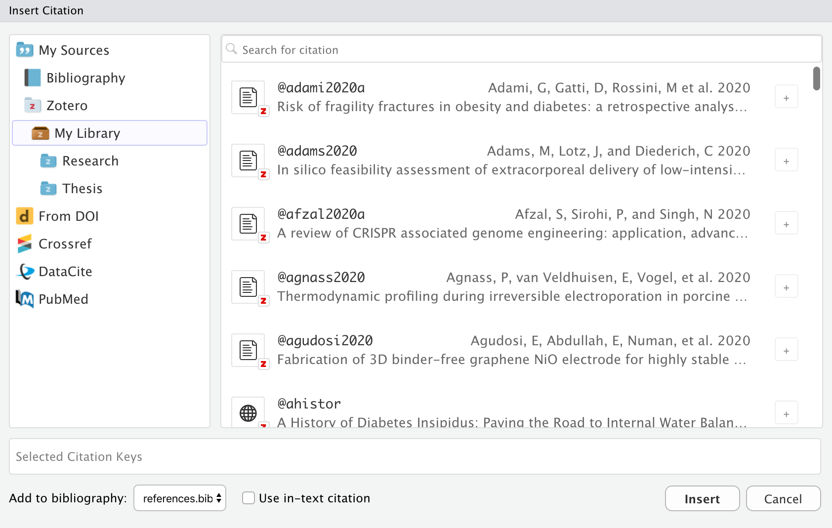 The 'Insert Citation' window in RStudio. The 'My Library' option is selected. The search bar at the top of the right section is empty, but the search results section is filled with the contents of a Zotero reference manager library. Each of the search result icons has a small 'Z' on the bottom right to indicate that the result comes from a Zotero library.