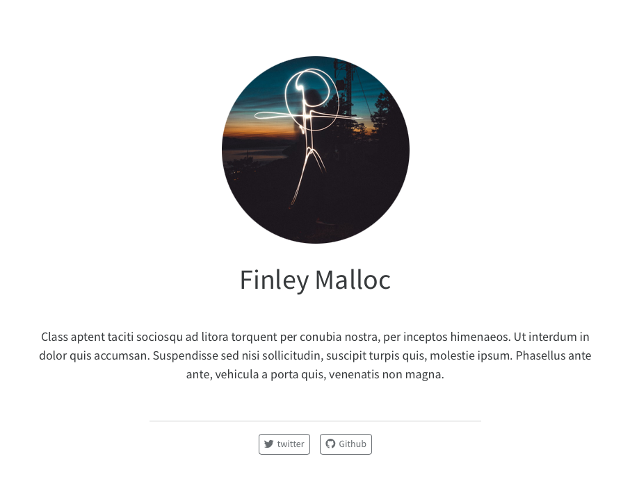 Screenshot of About page with jolla template. Photo is a centered circle above a heading with the author's name. There is a centered paragraph below the header, a separator line, and then buttons for twitter and github centered at the bottom.