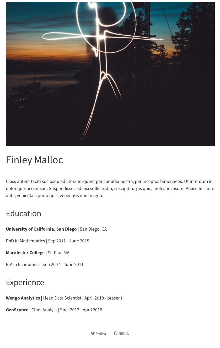Screenshot of About page with marquee template. A large square image is at the top. Beneath that the author's name is a header, and there is a paragraph of body text, followed by headered sections for Education and Experience. Centered at the bottom of the page are links to Twitter and GitHub with their respective icons next to them.