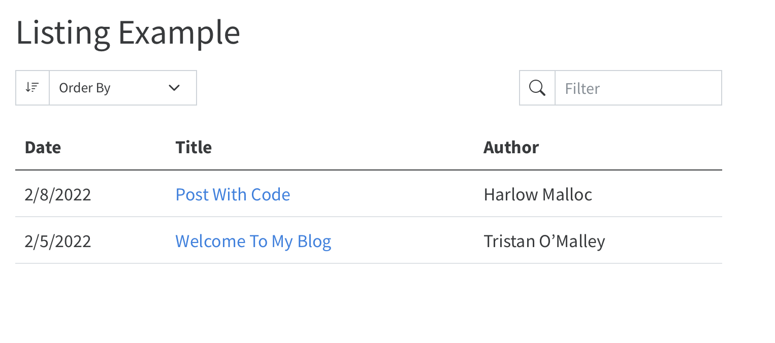 Listing Example with a text table displaying (from left to right): Date, Title, and Author.