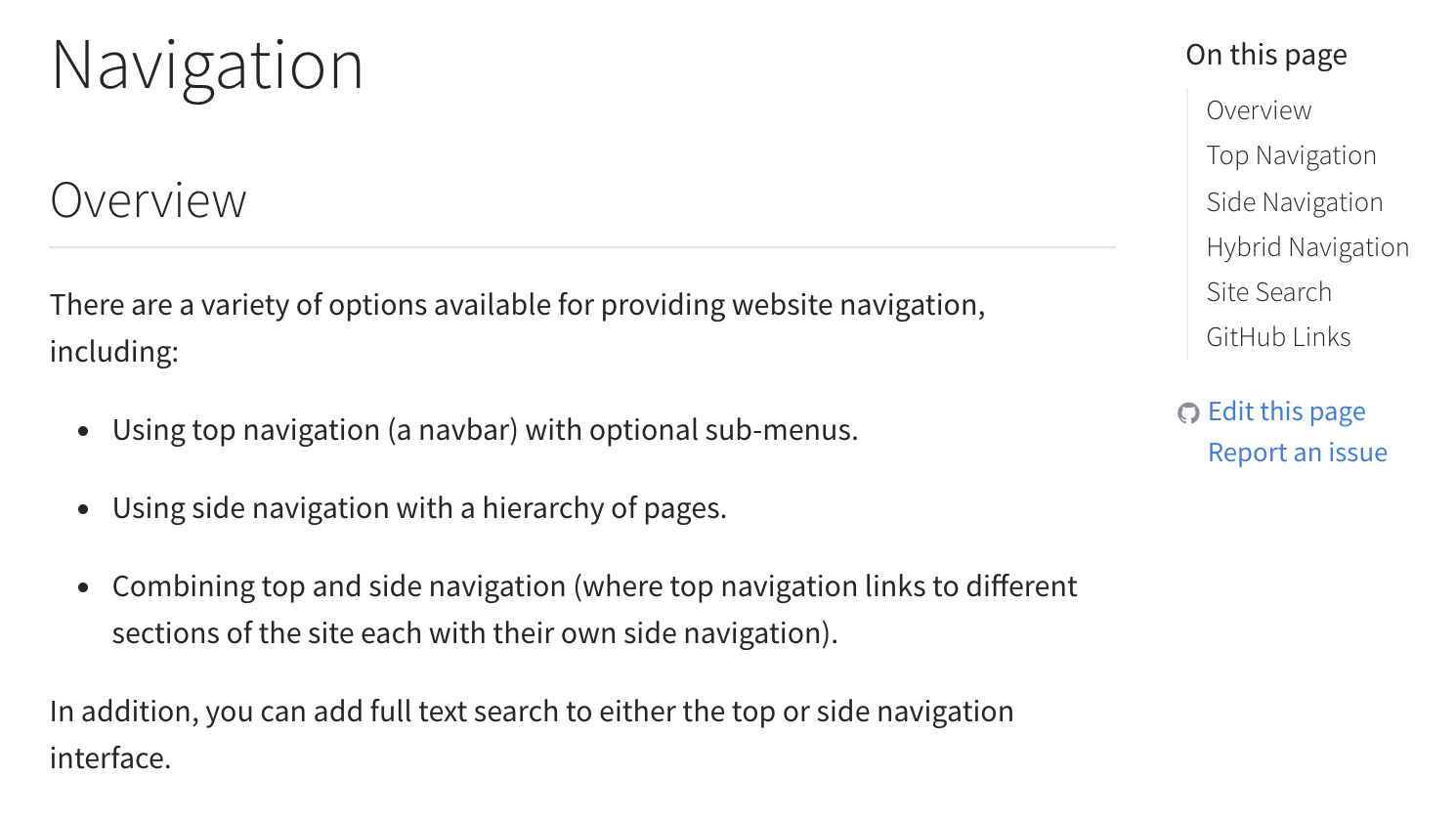 A screen shot of a Quarto document. Underneath the page table of contents on the right side are two options: 'Edit this page' and 'Report an issue'. There is a Github icon to the left of 'Edit this Page.'